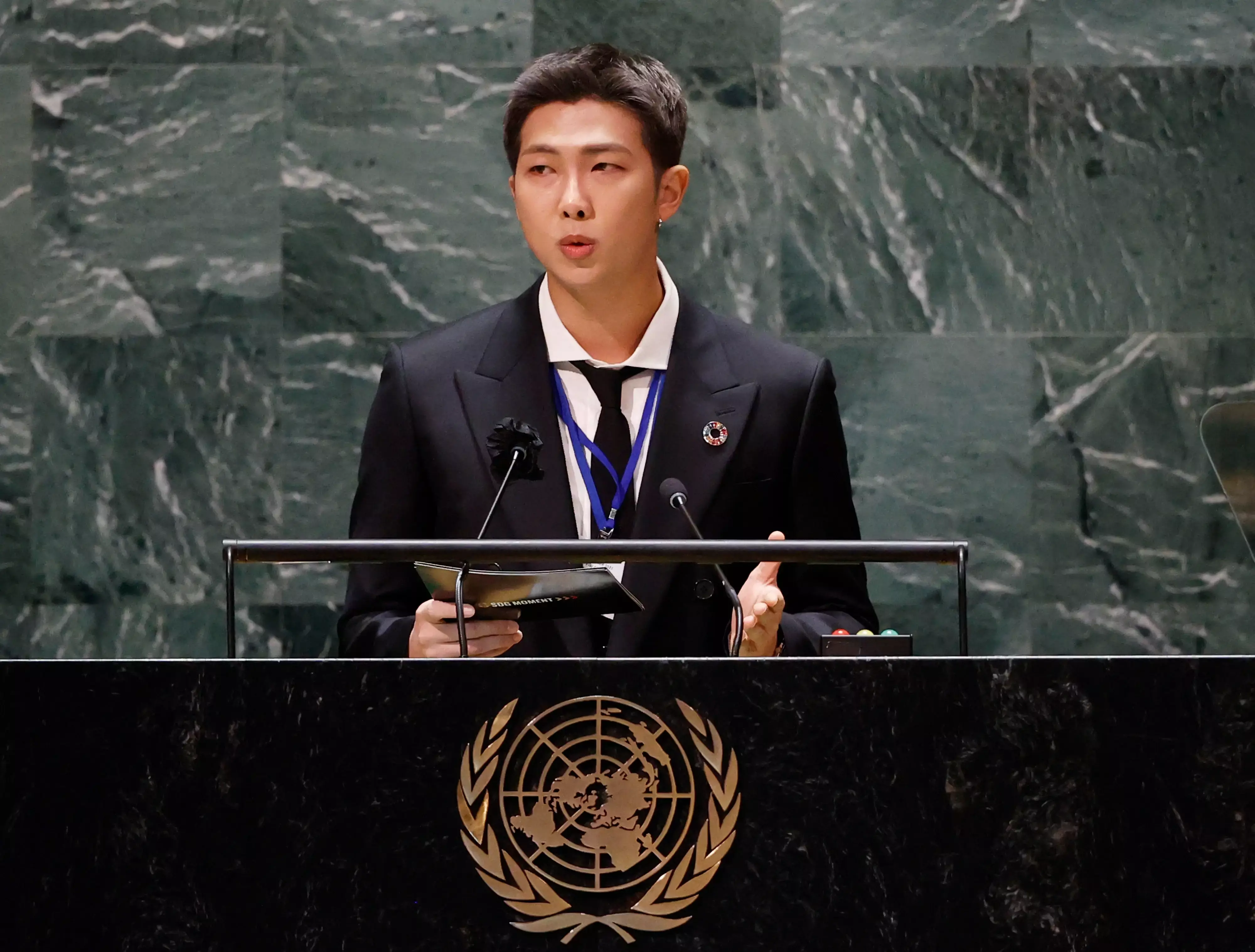 Rap Monster gives very inspiring speech at the United Nations headquarters in New York City during its Generation Unlimited ceremonial event.
