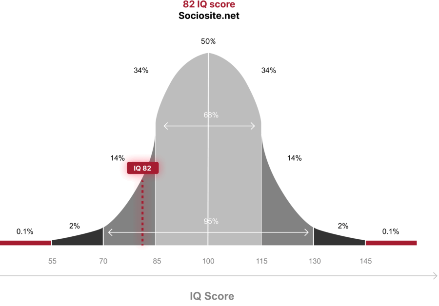 IQ 82 places the individual in the "Develops slowly" category of the IQ categorization, which accounts for 11.389% of the global population.