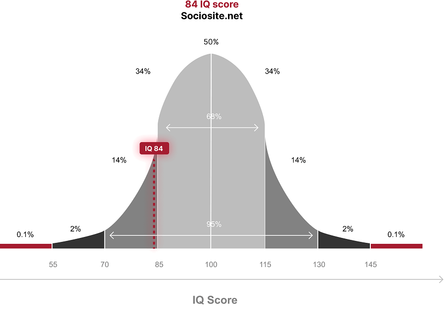 With an IQ of 84, a person falls into the "Develop slowly" category in the IQ category, which accounts for 14.158% of the global population.