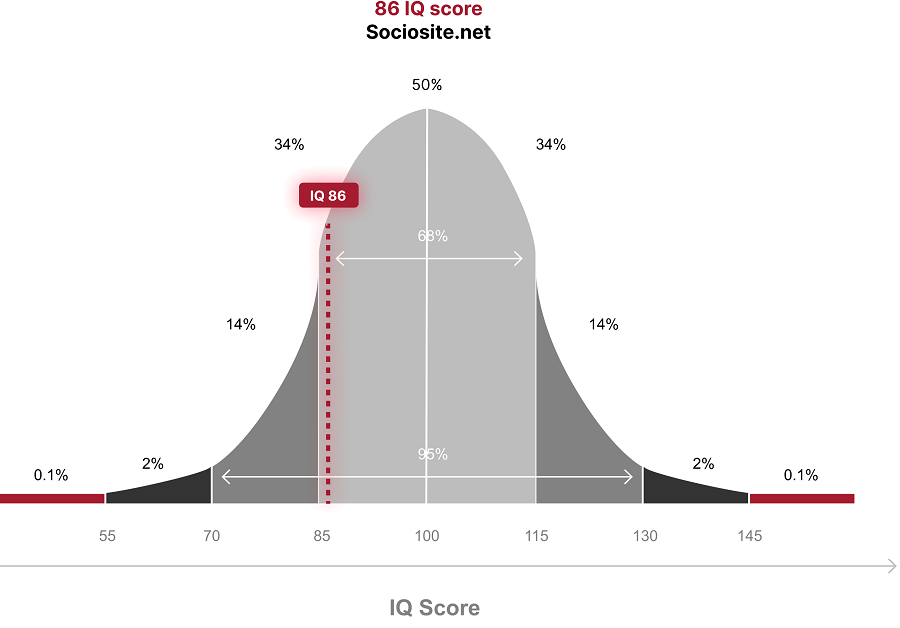 IQ 86 means you belong to the “ Normal” group in the IQ classification, corresponding to 17.361% of the global population.