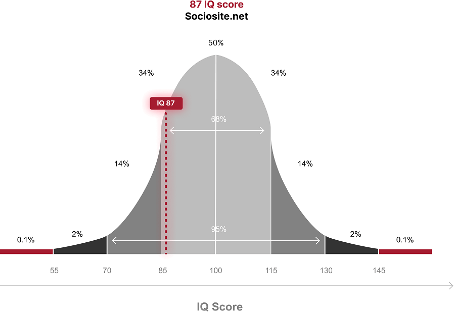 With an IQ of 87, you fall into the "Normal" category of the IQ categorization, which accounts for 19.102% of the world's population. 