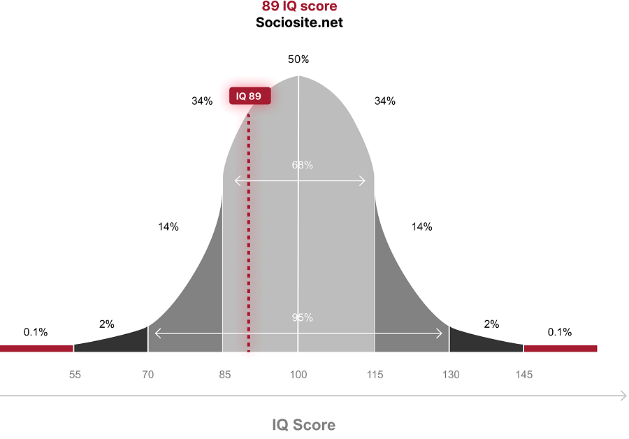 IQ 89 indicates that the individual falls into the "Normal" category in the IQ categorization, which accounts for 22.903% of the world's population.